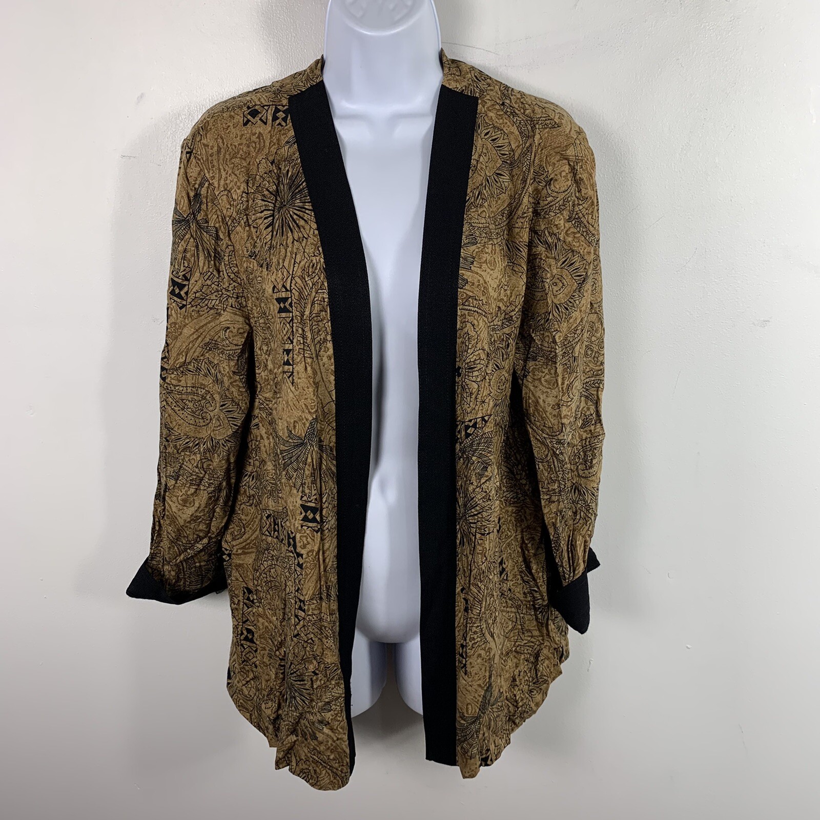 Lady Carol Jacket sz 12 Brown Black Print Open Front Boho Glam VINTAGE DP20