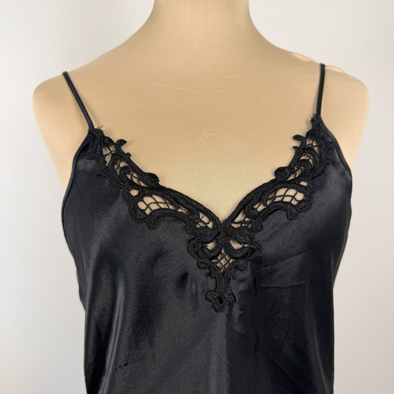 Vintage Cacique Lingerie Nightgown Nightie Womens S Black Satin