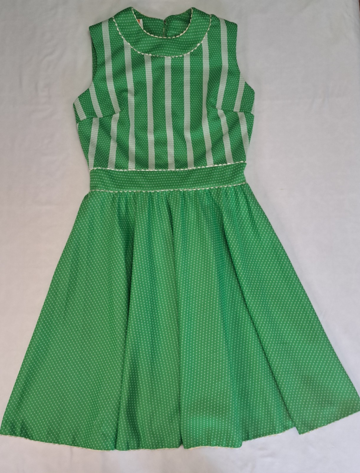 Melissa Lane Vtg Kelly Green & White 60&rsquo;s Stripe/Dot A-line Dress Mod Retro FLAW