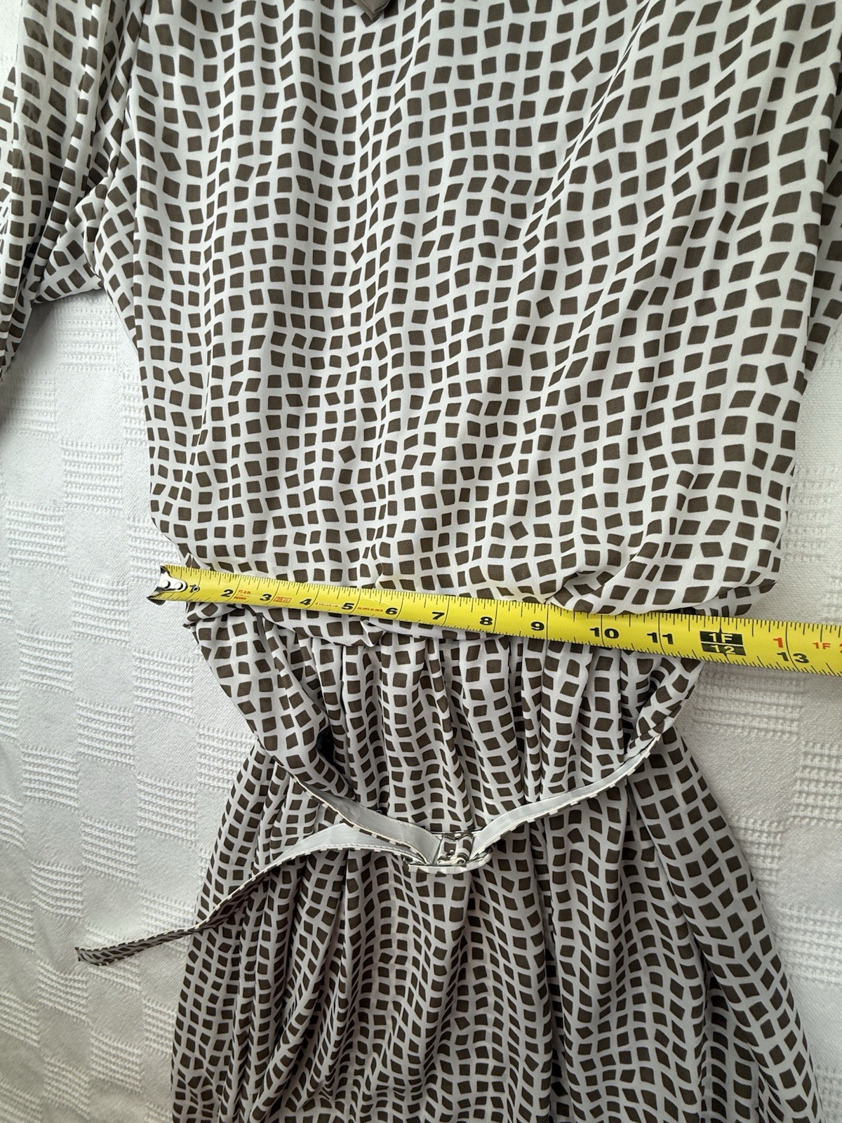 Vtg 70s Brown Geometric Semi Sheer Poly Chiffon Secretary Dress Buckle Belt M/L