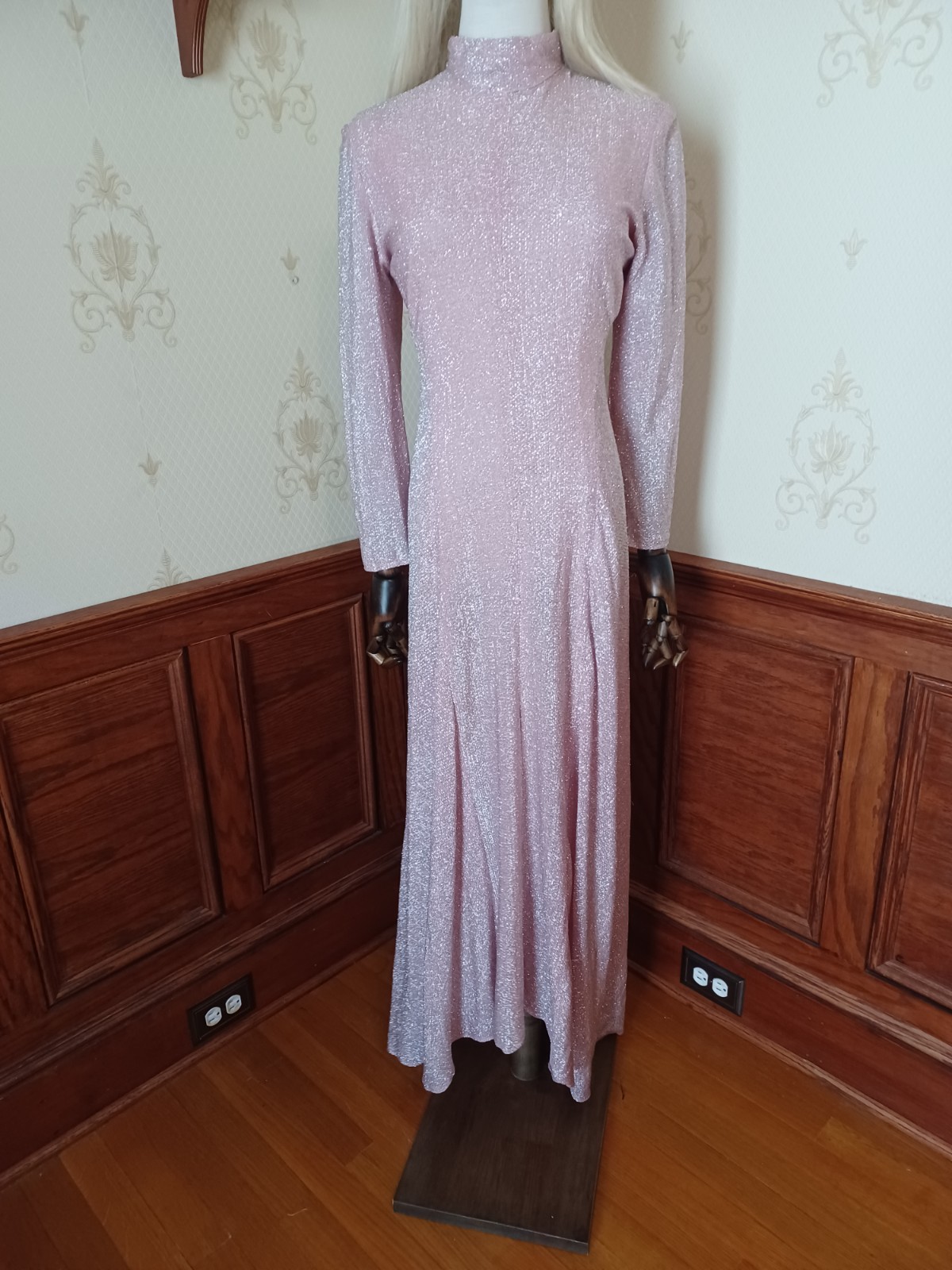 Vintage 1960s/70s Pink Glitter Disco Glam Medieval Revival Hostess Maxi Dress