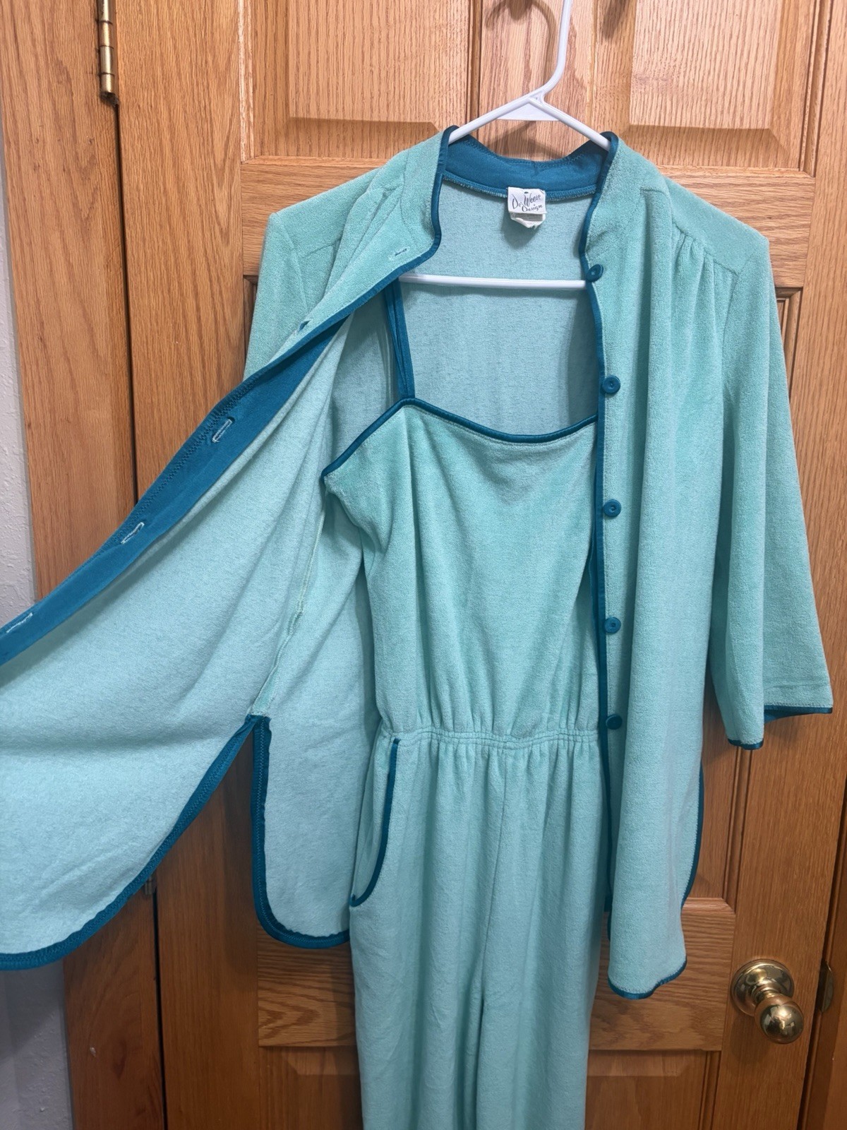 VTG 1970s De Weese Design Mint Aqua Terry Velour 2pc Jumpsuit Jacket Set Small