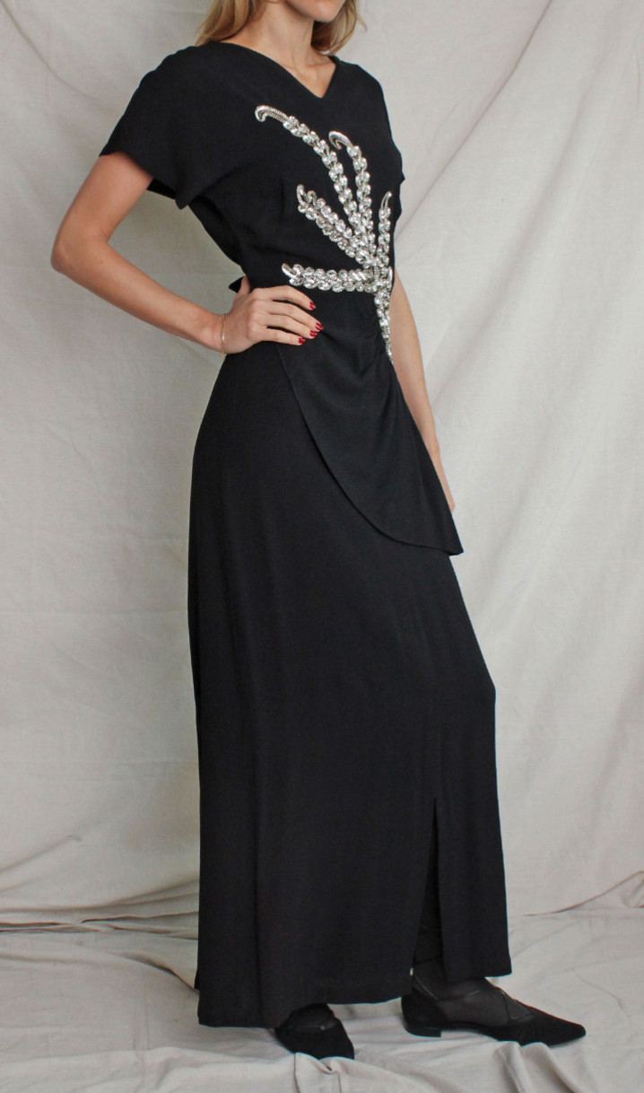1940s veg sequin appliqué black rayon crepe peplum gown dress dries van noten
