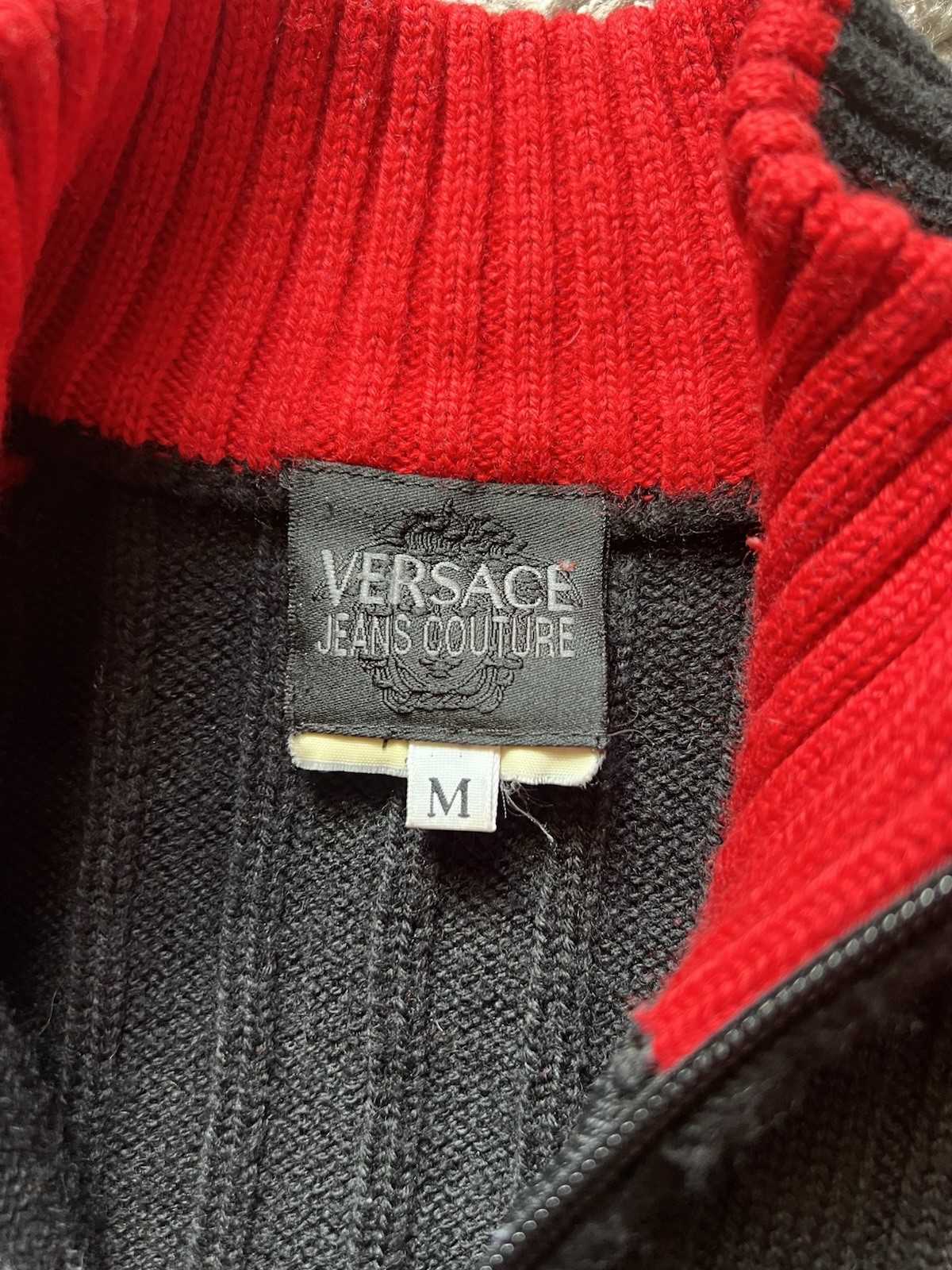 Vintage Versace Sweater Medium Knit Red Black High Neck Ribbed Couture Y2K 90s