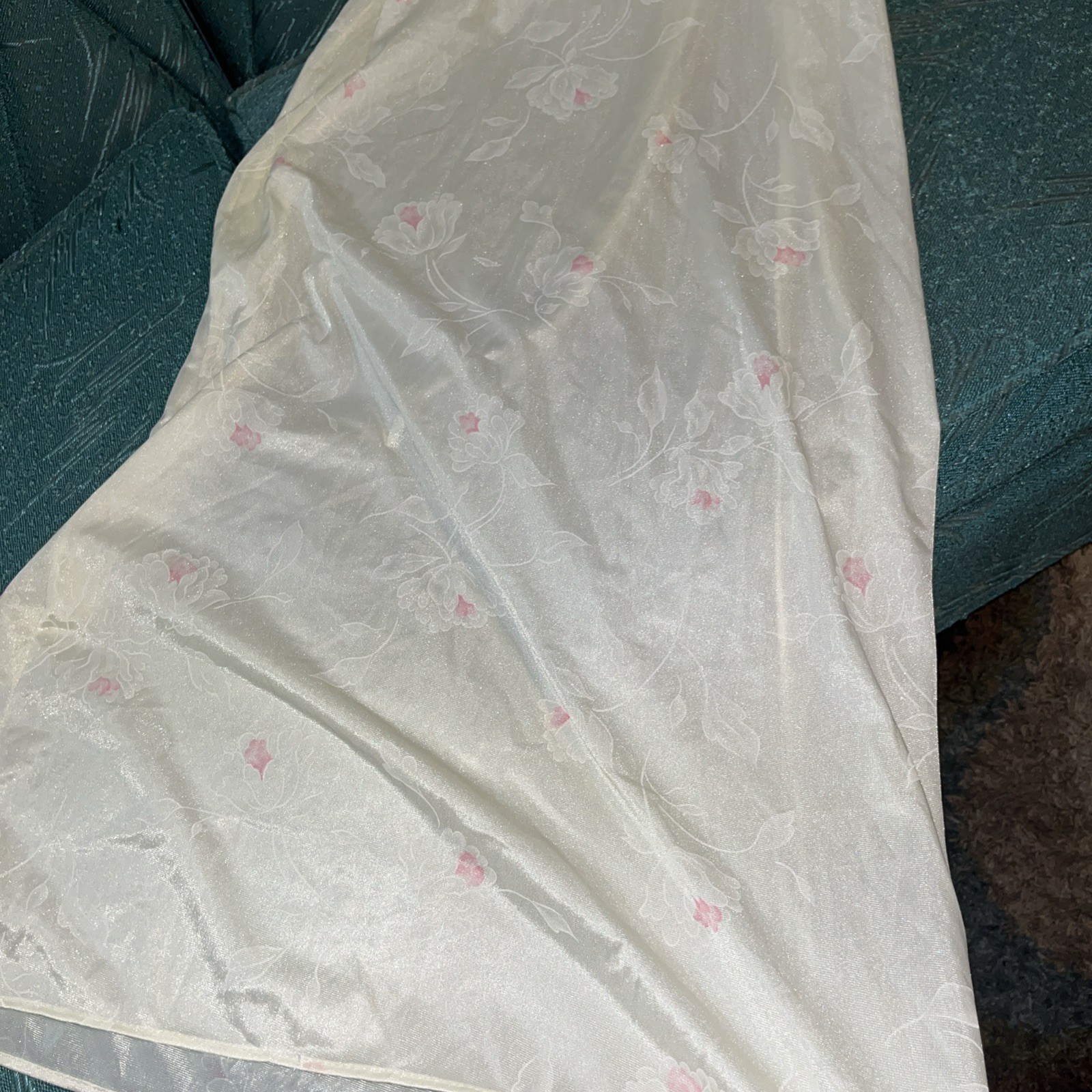 Vtg Val Mode Maxi Nightgown Medium Ivory Floral Pink Flowers Slip Chemise V Neck