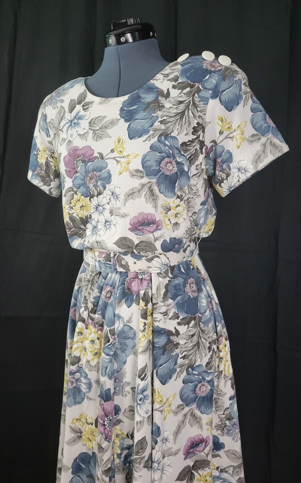 Vtg Stuart Alan Petites White/Blue/Purple Floral Blouson Knit Dress Size 8P