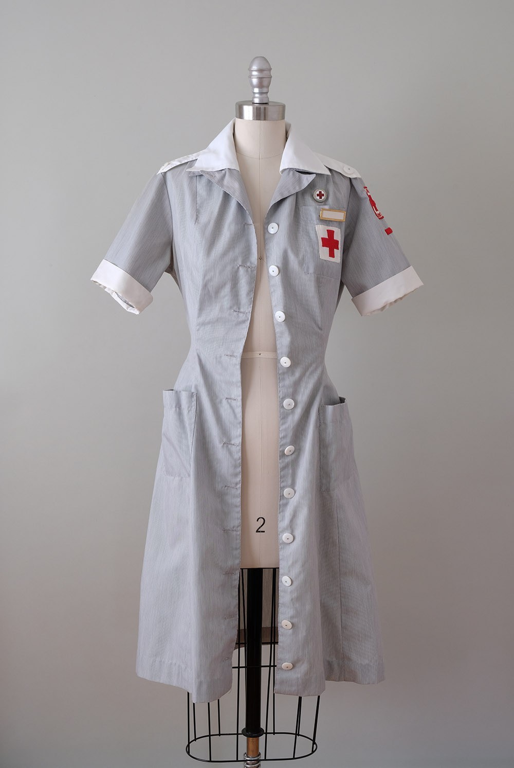 Vintage Post-WWII Red Cross Uniform Dress + Hat, Pins, Collars, and Name Plate