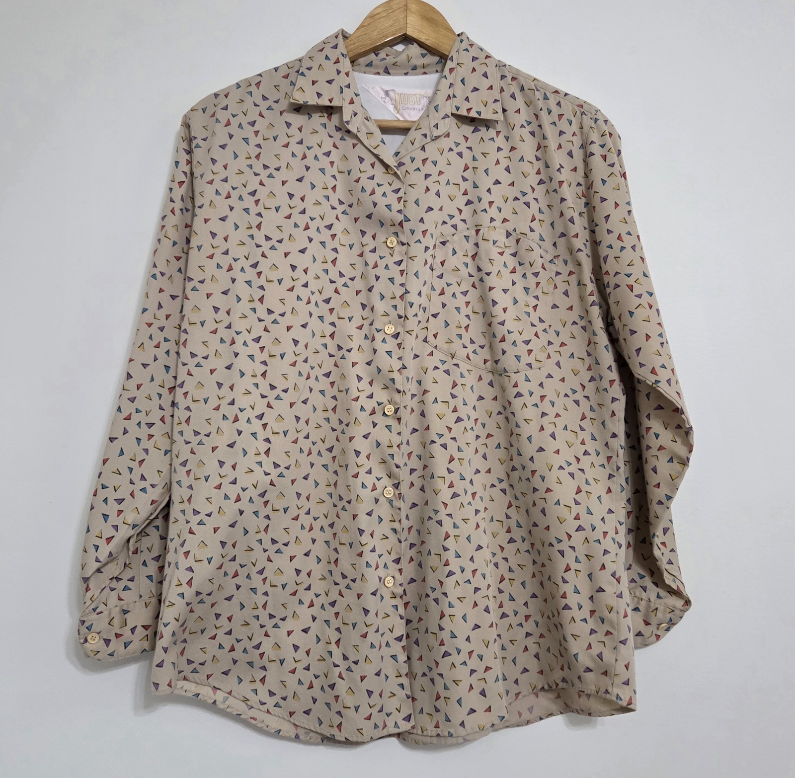 Vintage Just Cristina Button-Up Beige Tan Shirt With Multicolor Triangles Size M
