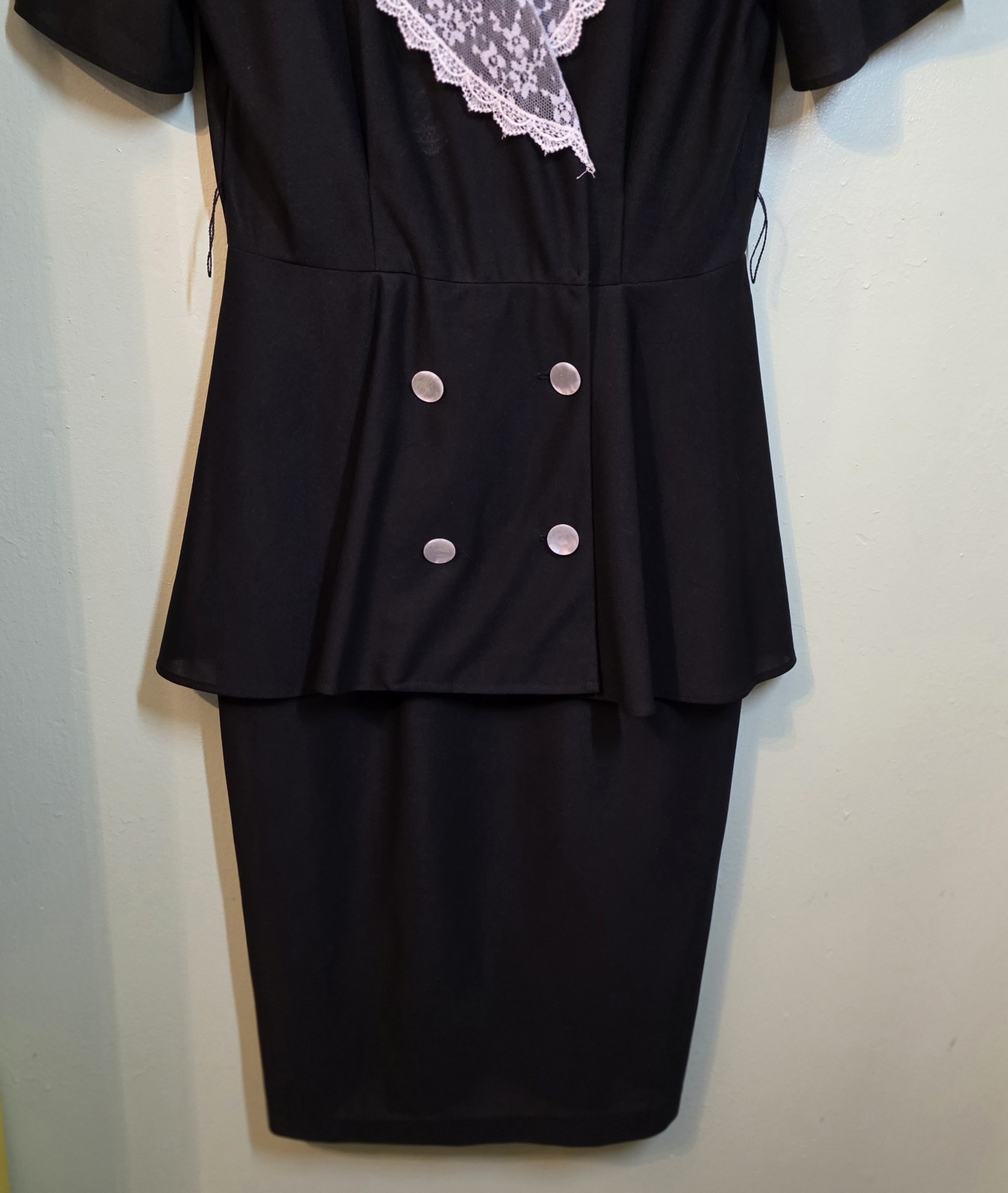 VTG Black Peplum Dress Flaired Waist Sz 10 Lace Secretary Hollywood Glamour