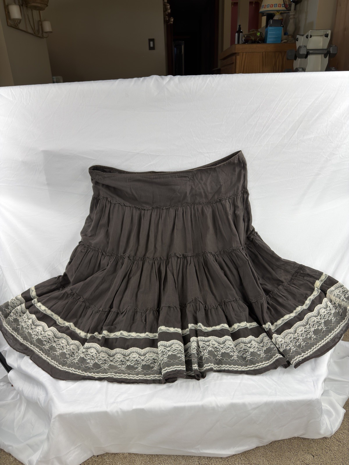 Vintage Miss Chievous brown Boho Hippy Multitiered Ruffles Cotton Skirt Sz L