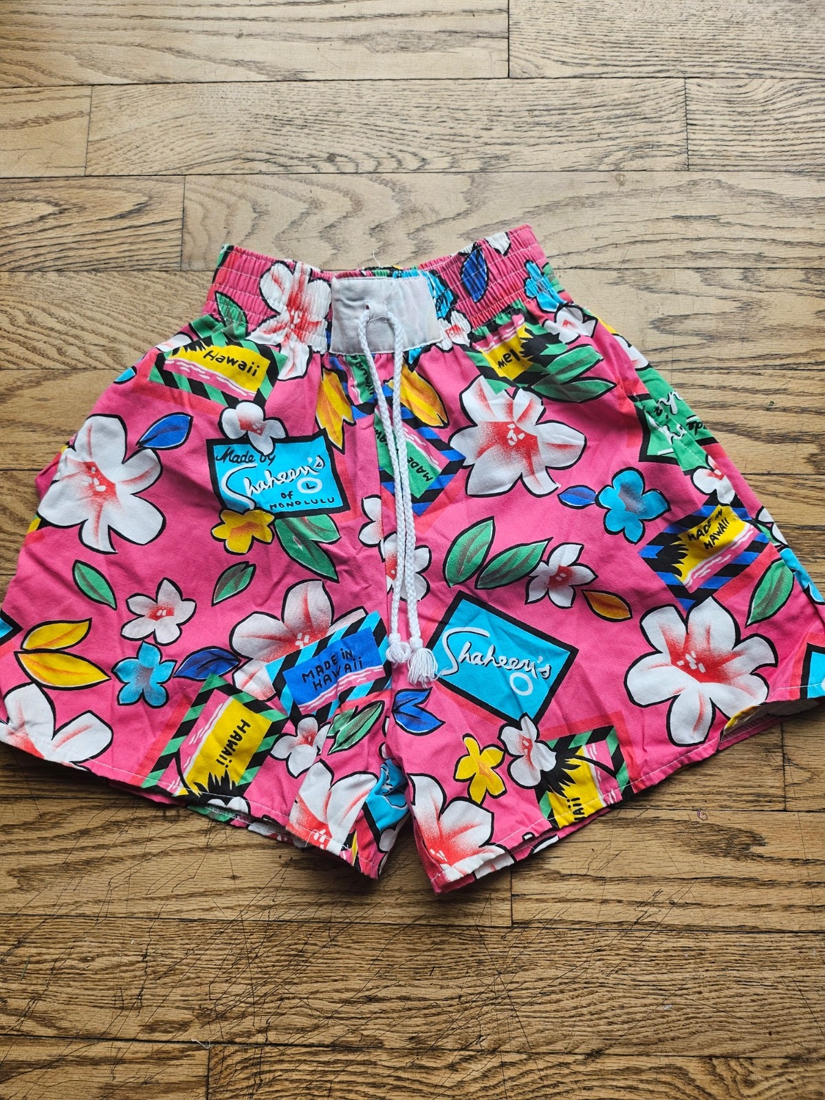Vintage Marko II Shaheen s of Honolulu Pink Floral Hawaiian Shorts Drawstring L