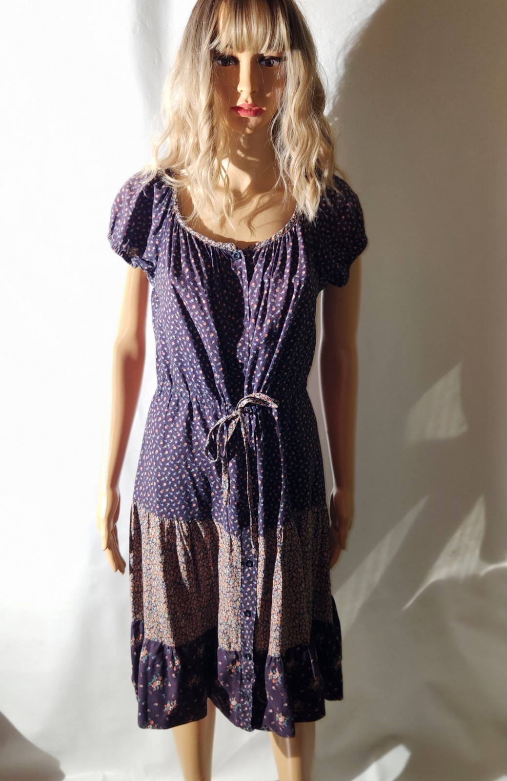 VINTAGE 90S BLUE FLORAL PRINT BABY DOLL CAP SLEEVE BUTTON UP DRESS SIZE M/L