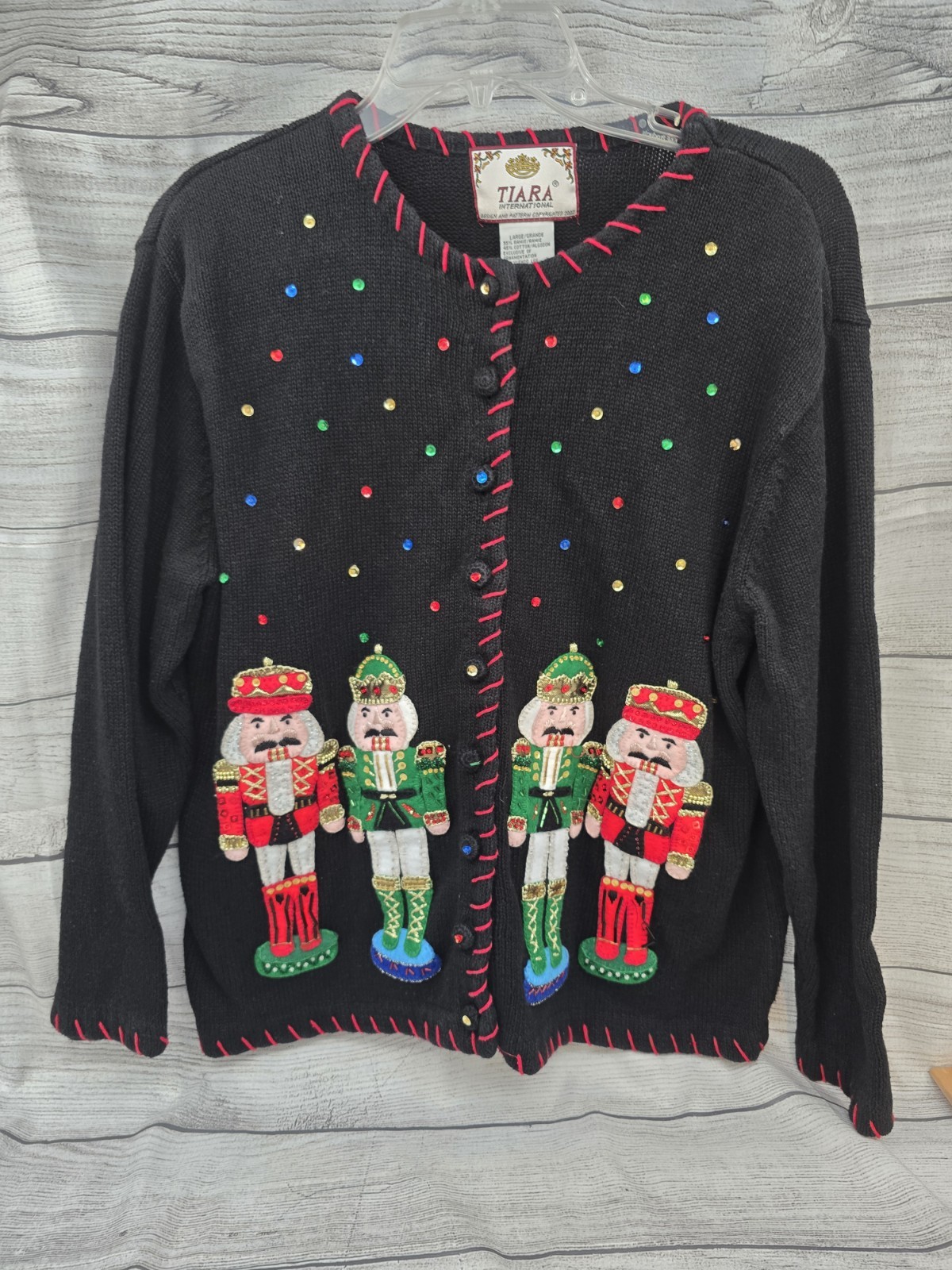 Vtg Tiara International Nutcracker Christmas Sweater Sequins Cardigan Sz LARGE