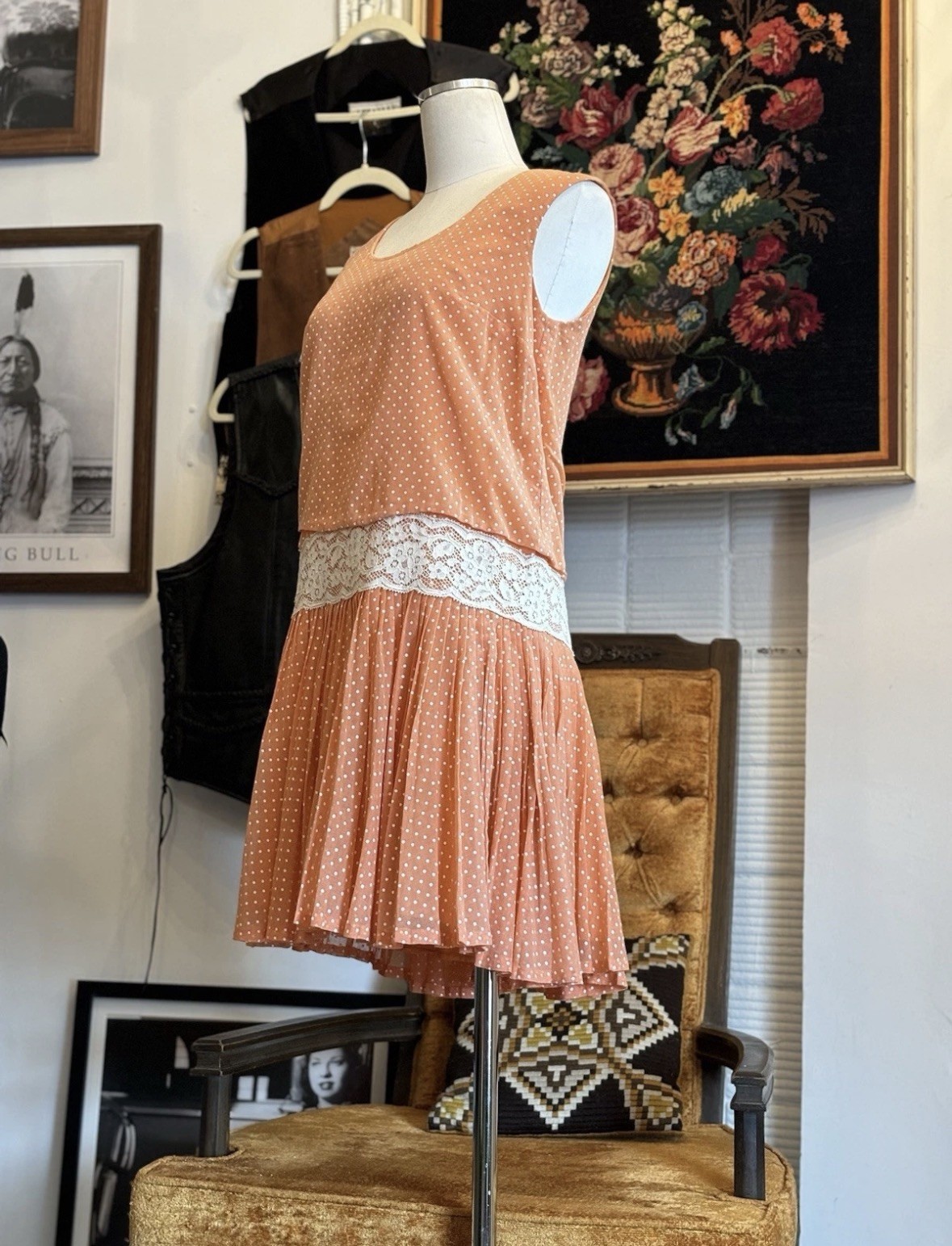 Vintage 60&rsquo;s Orange Polka Dot Dress Cotton Drop Waist Lace Size Small Medium