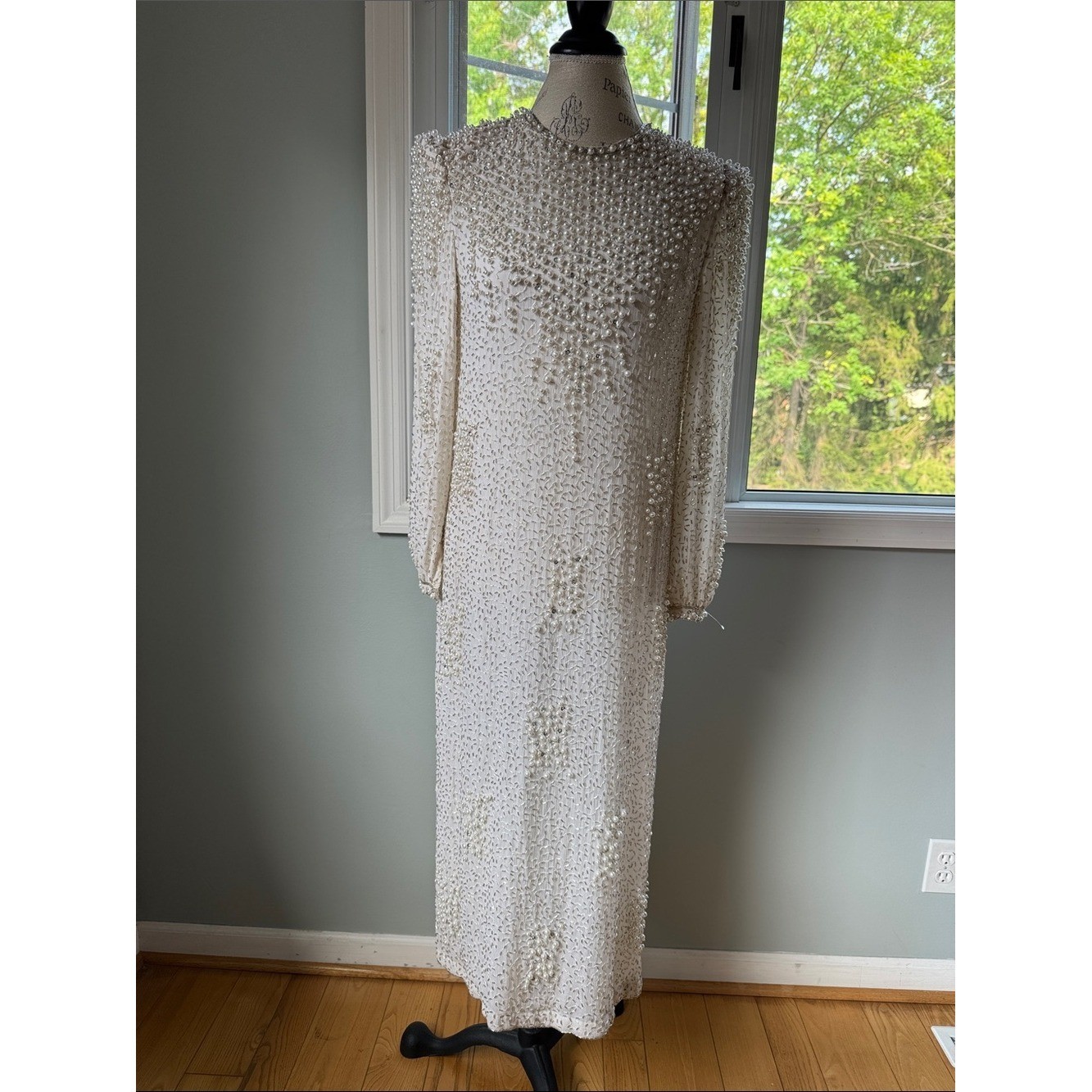 1980&rsquo;s vintage dynasty era faux pearl beaded midi long sleeved dress size M