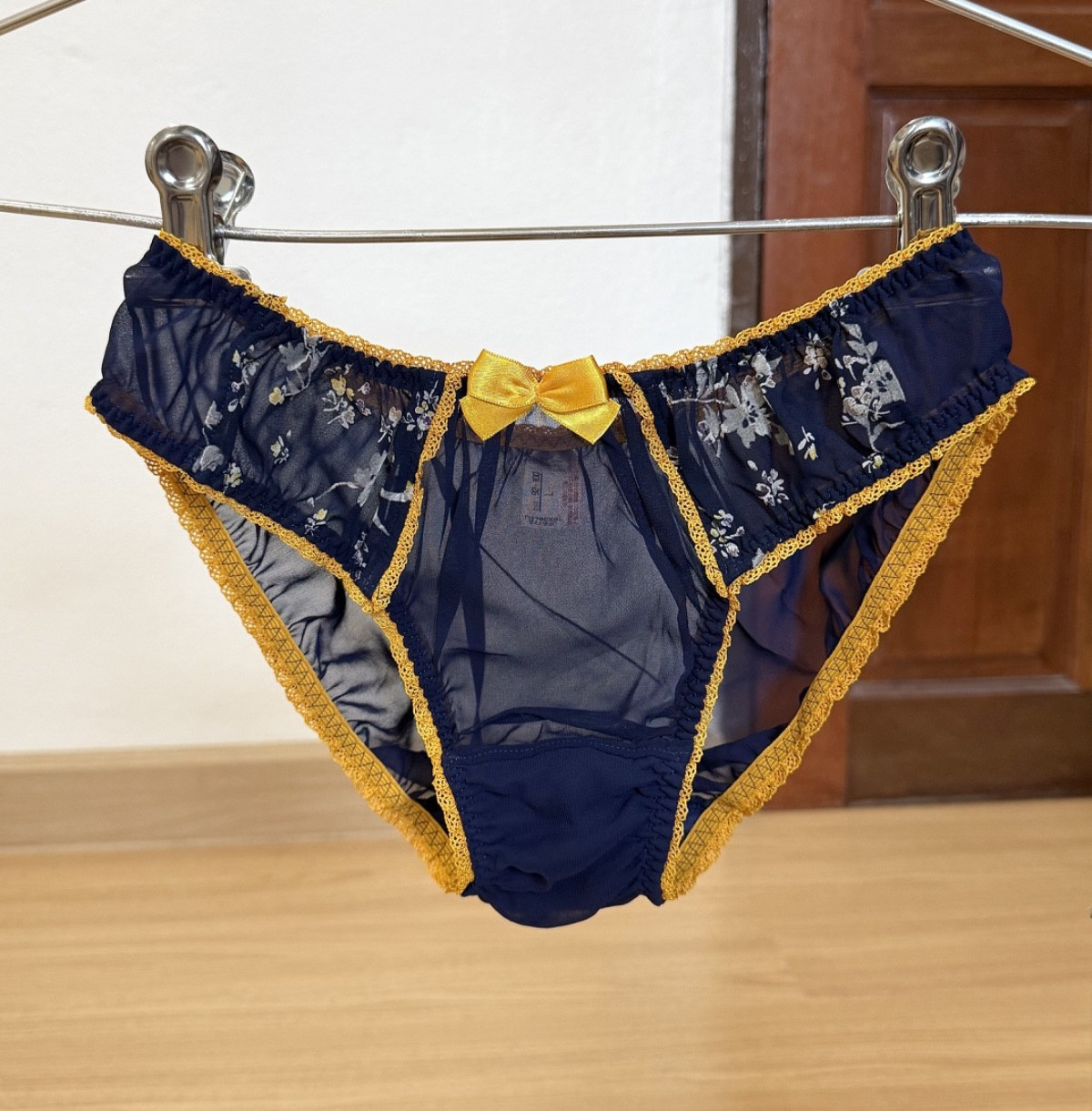 Vintage Silky Navy Polyester Panty Sheer Sissy Bikini Floral Print Brief Sz.6/M