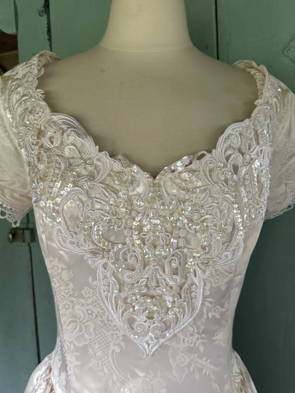 Basque Waist Gown WEDDING Princess Formal Satin Brocade Blush Bustle Roses M+