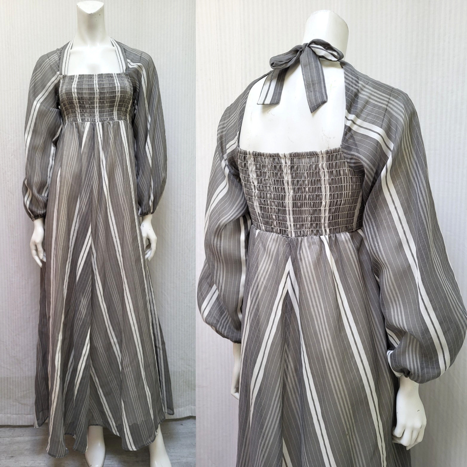 Vintage 1970&rsquo;s MELISSA LANE Gray Stripe Maxi Dress with Smocking – Size XS/S