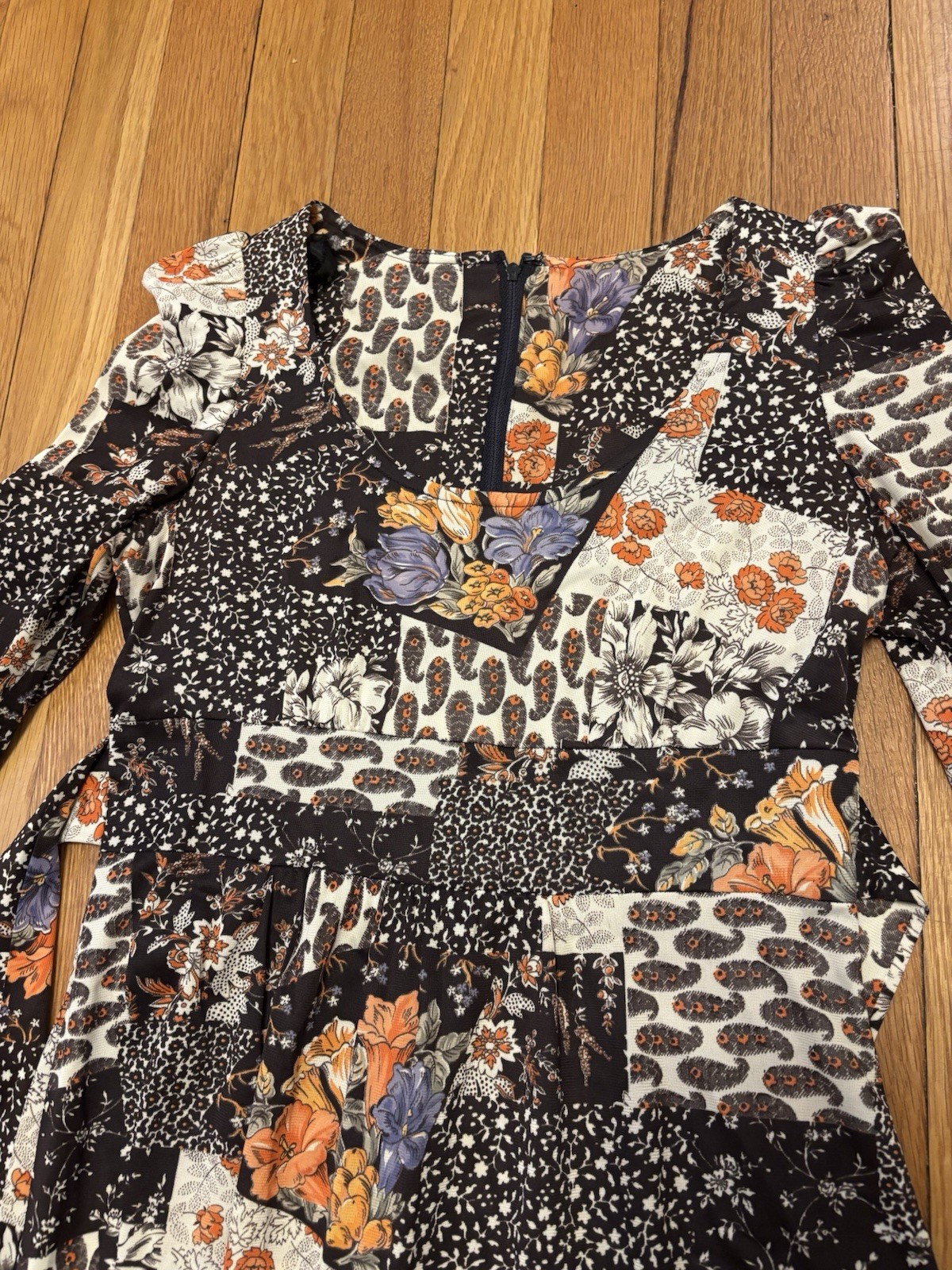 Vintage 70s Patchwork Boho Floral Empire Waist Maxi Dress Brown Long Sleeve S