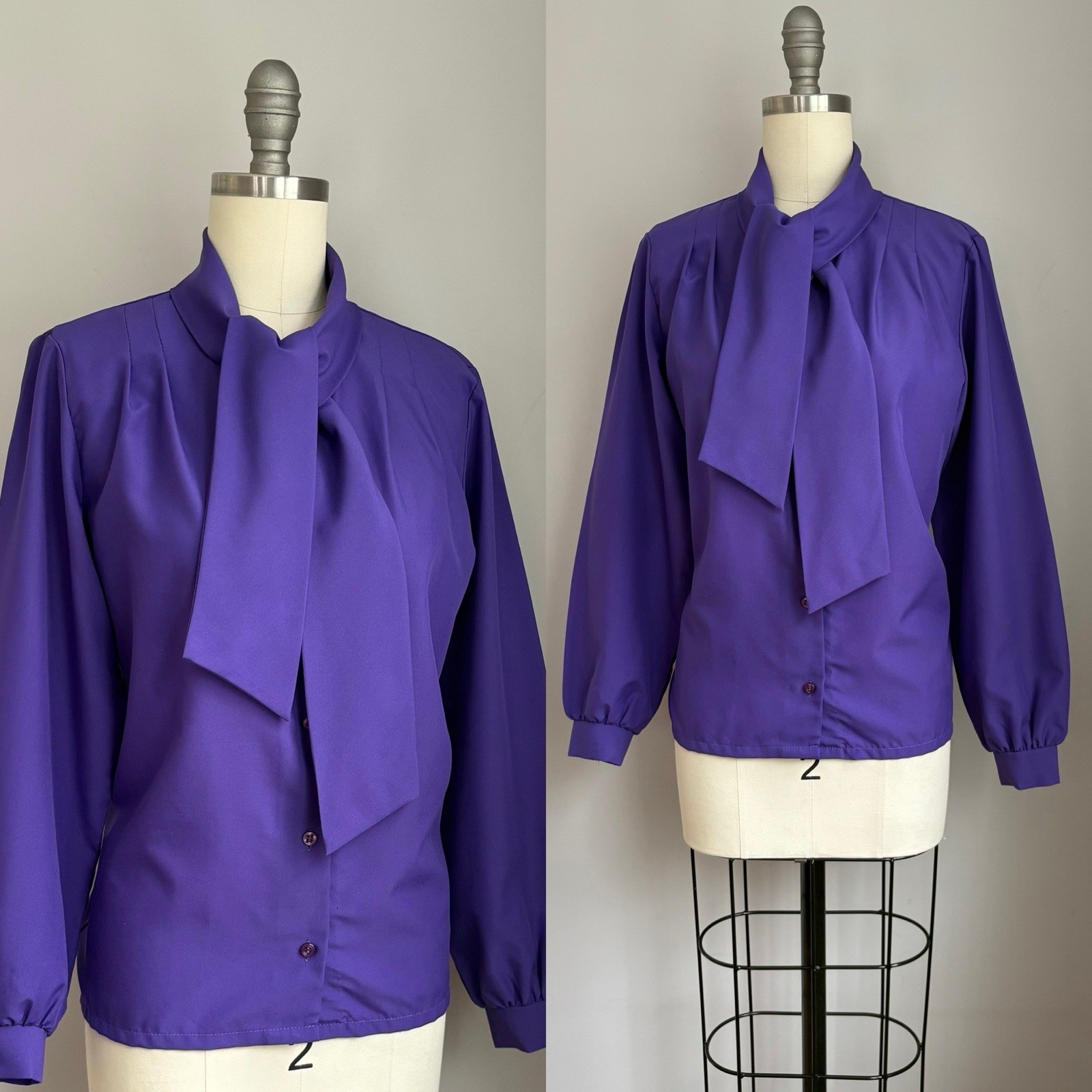 Vintage 70’s Purple Amethyst Pussy Bow Blouse Mad Men Joan Harris Size Medium