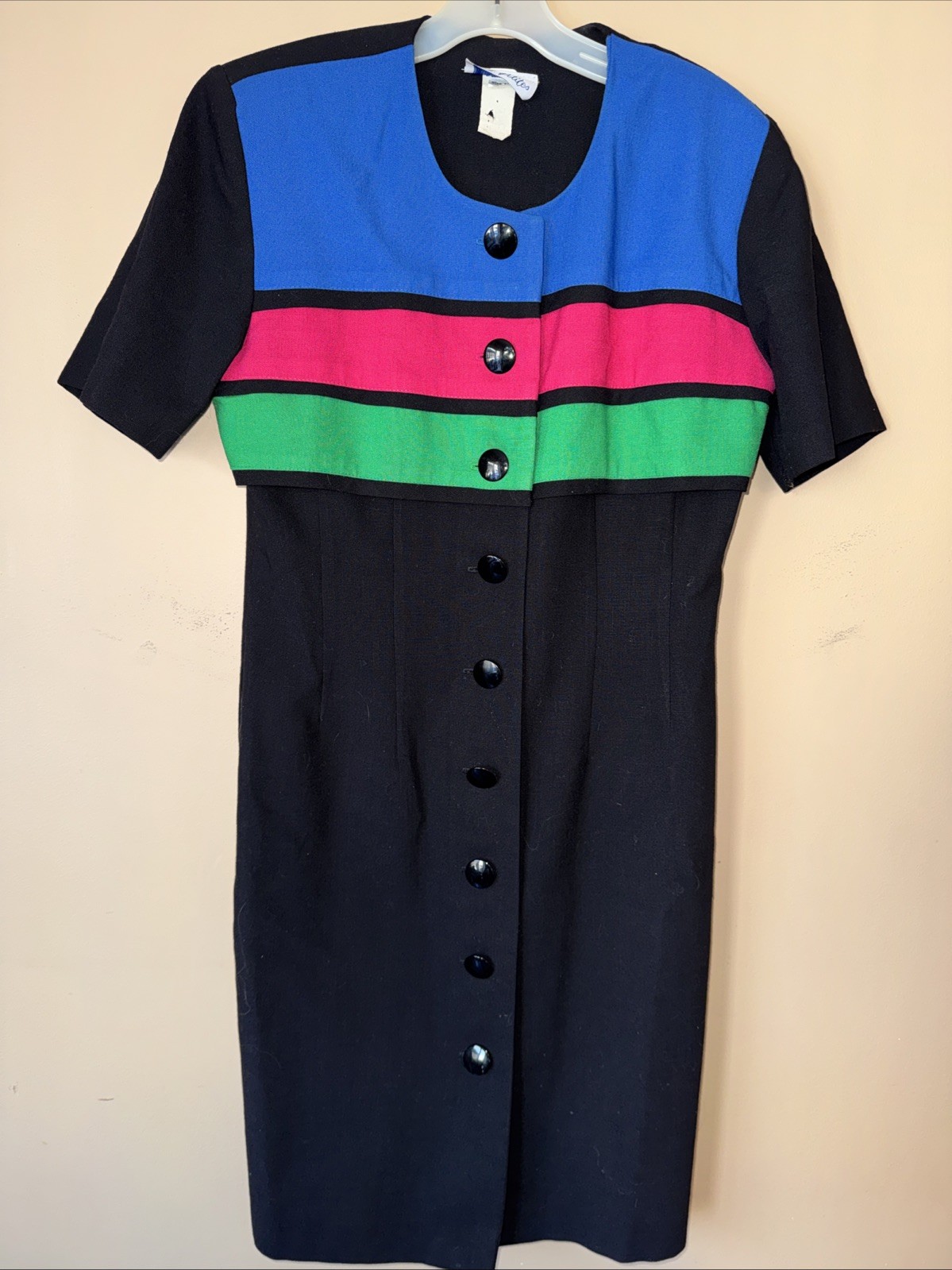 S.L. Petites Color Block Sheath Dress Size 10 Petite 80s Neon Button Front VTG