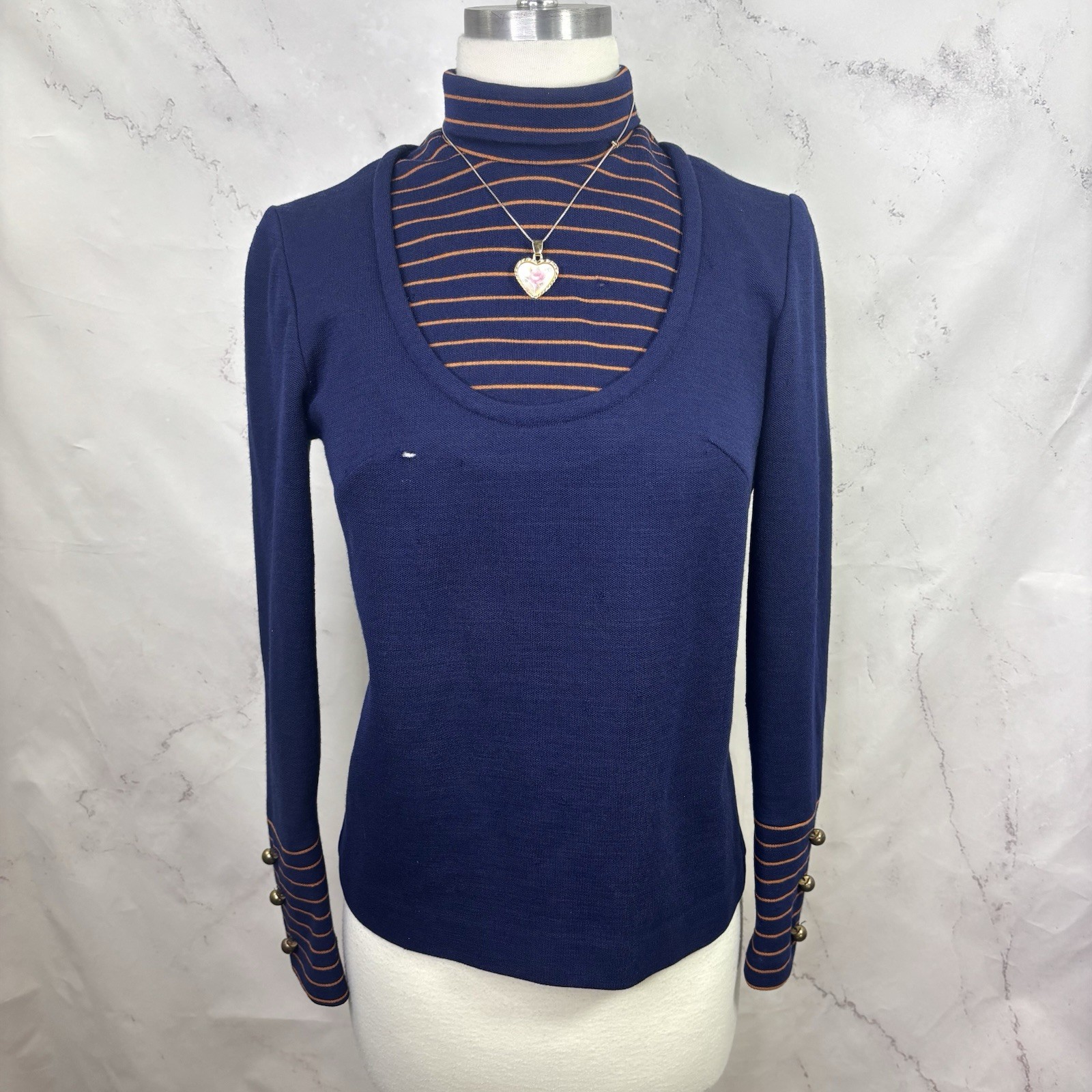 Vintage 60s MOD Nautical Top Blouse Twiggy Mock Neck Black Zip Union S USA Flaw