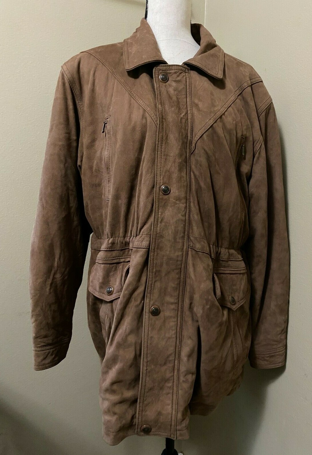 VTG 80s KABBUSA Brown Suede Leather Coat Jacket Copper Quilted Lining Womens M