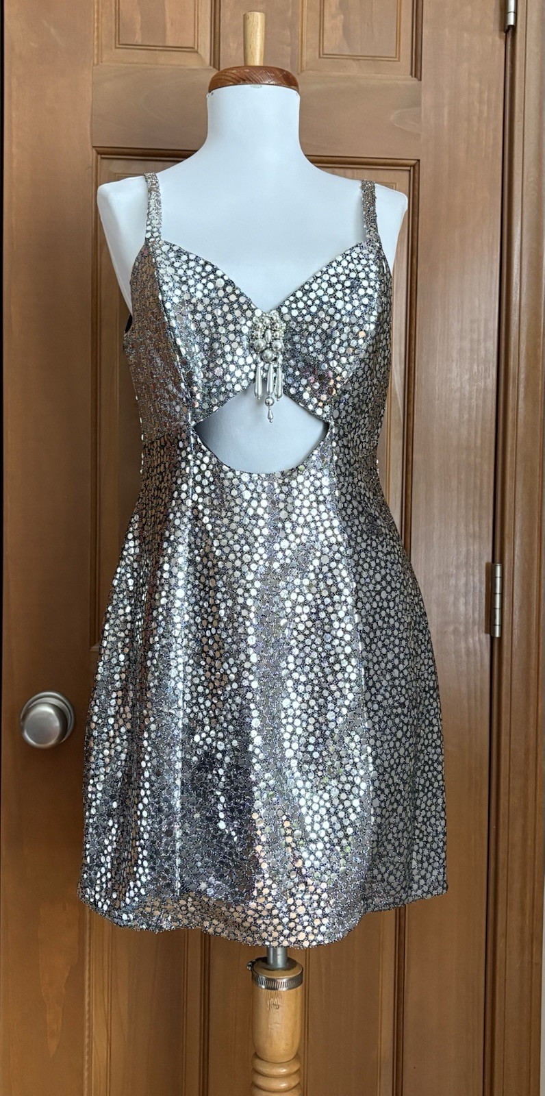 Vintage 80s Silver Disco Dress Alfred Angelo Cut Out Metallic Party Club 11/12