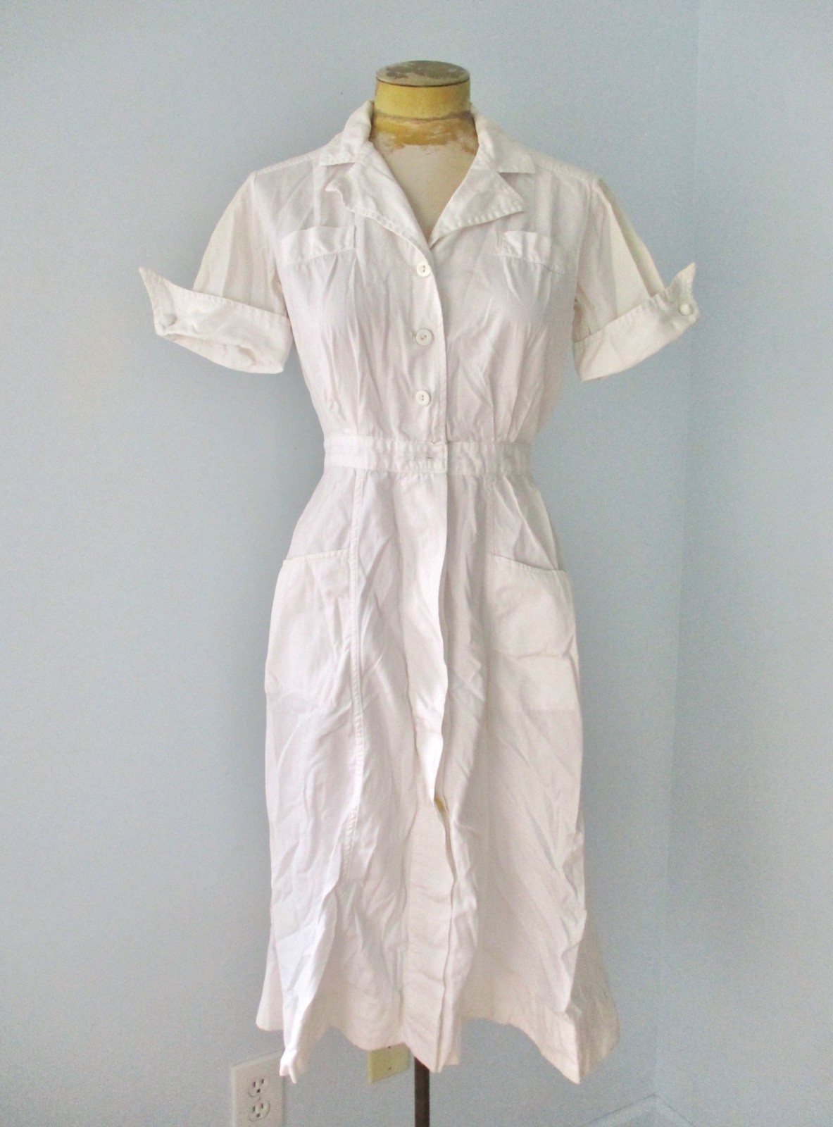 Vtg 50s 60s white cotton nurse uniform dress French cuffs big pockets S/M