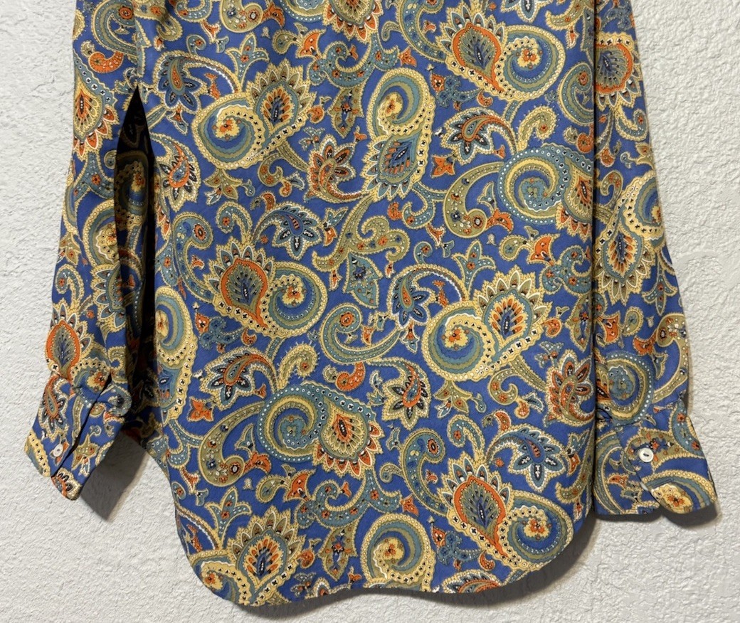 Vintage 70s Button Up Top Long Sleeve Blue Paisley Floral Women 6 Blouse EMILY M