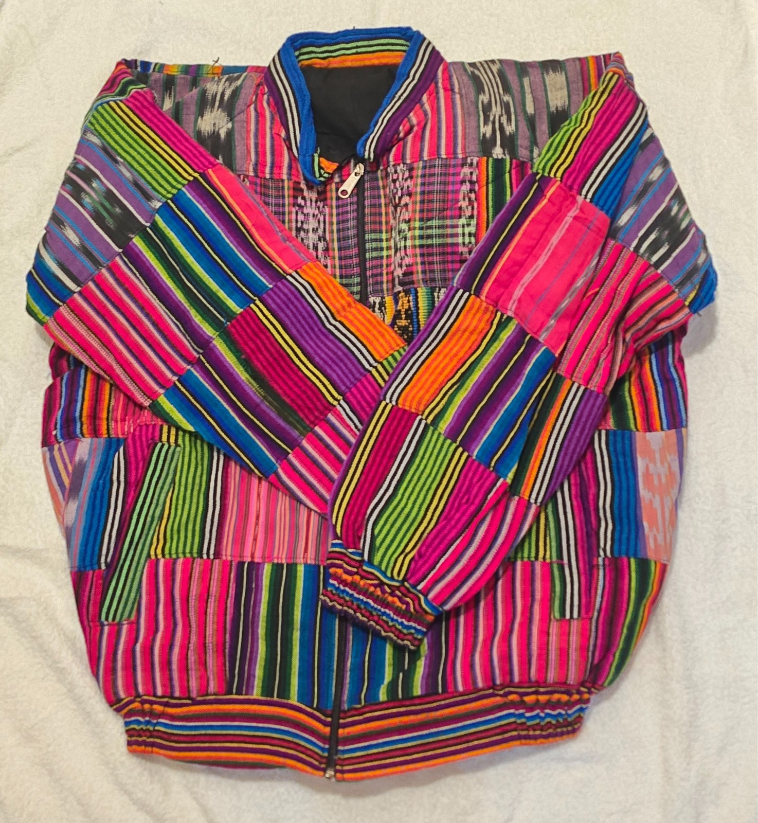 Huipil Strip Guatemala Hippie Patchwork Festival Woven Zip Bomber Jacket VTG 90s