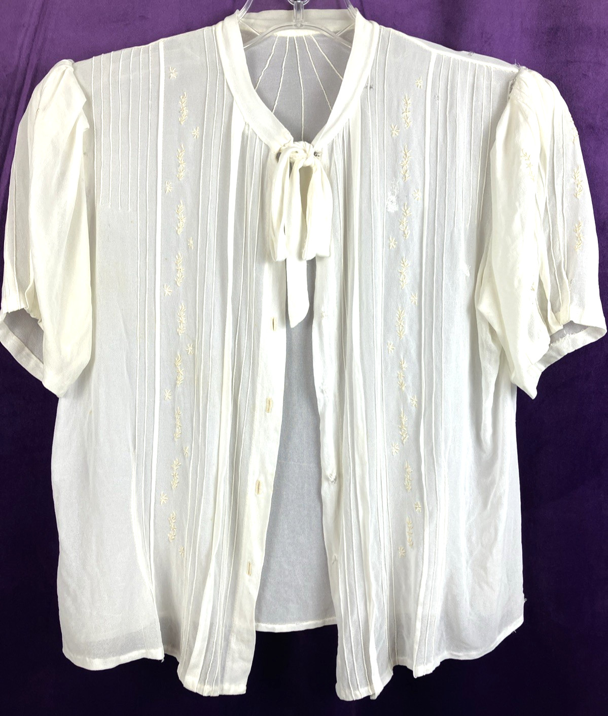 AS FOUND Vintage 1930s 30s SIlk Prim Blouse Secretary Embroidery Floral