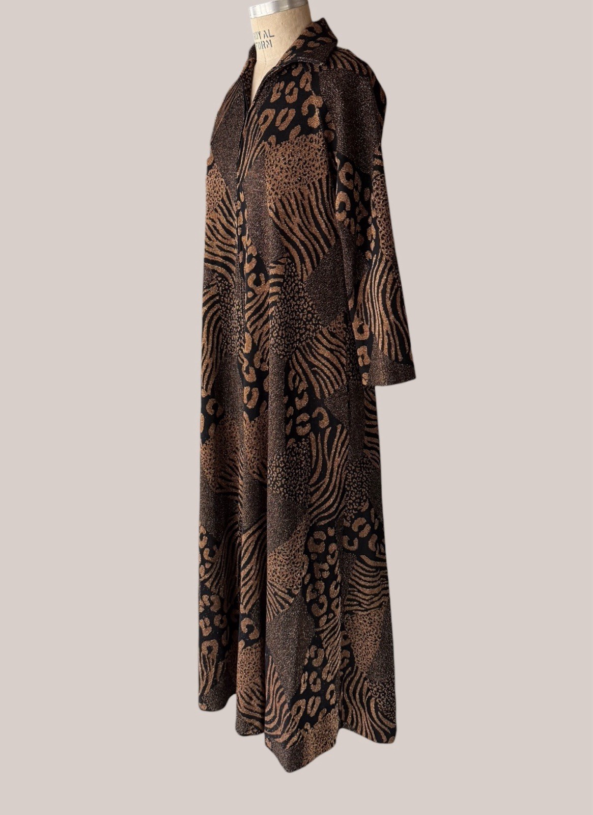 Vintage David Brown California Metallic Safari Leopard Kaftan Dress Mumu Small