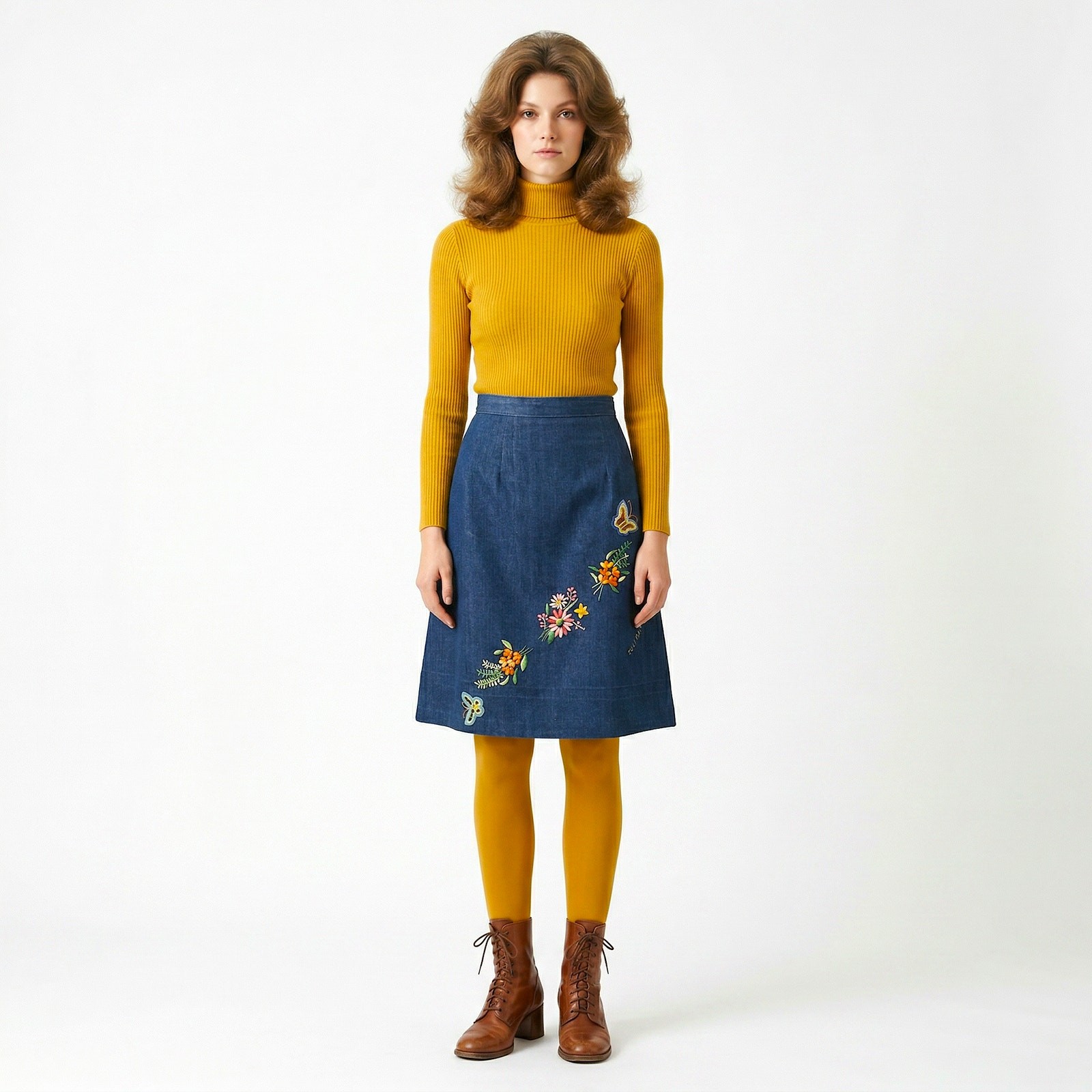Vintage 1970s Embroidered Denim Skirt Butterflies Floral | XS | w 25.5&Prime;