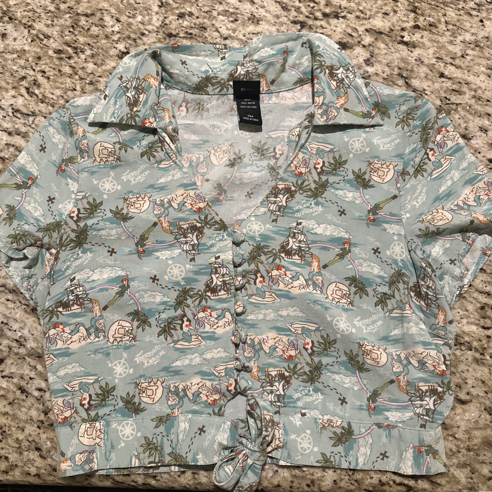 Disney Mermaid Lagoon Peter Pan Top, Blouse W/ Ties, Collar & 7 Buttons Size Sm