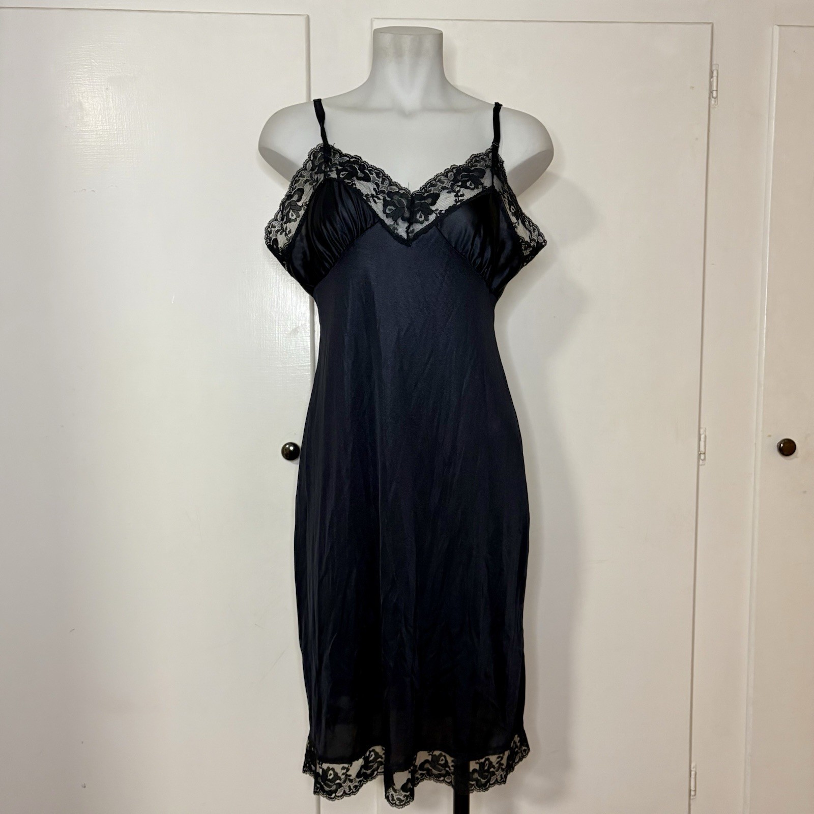 Vintage 70s/80s Melody Black Lace Trim Midi Slip Dress