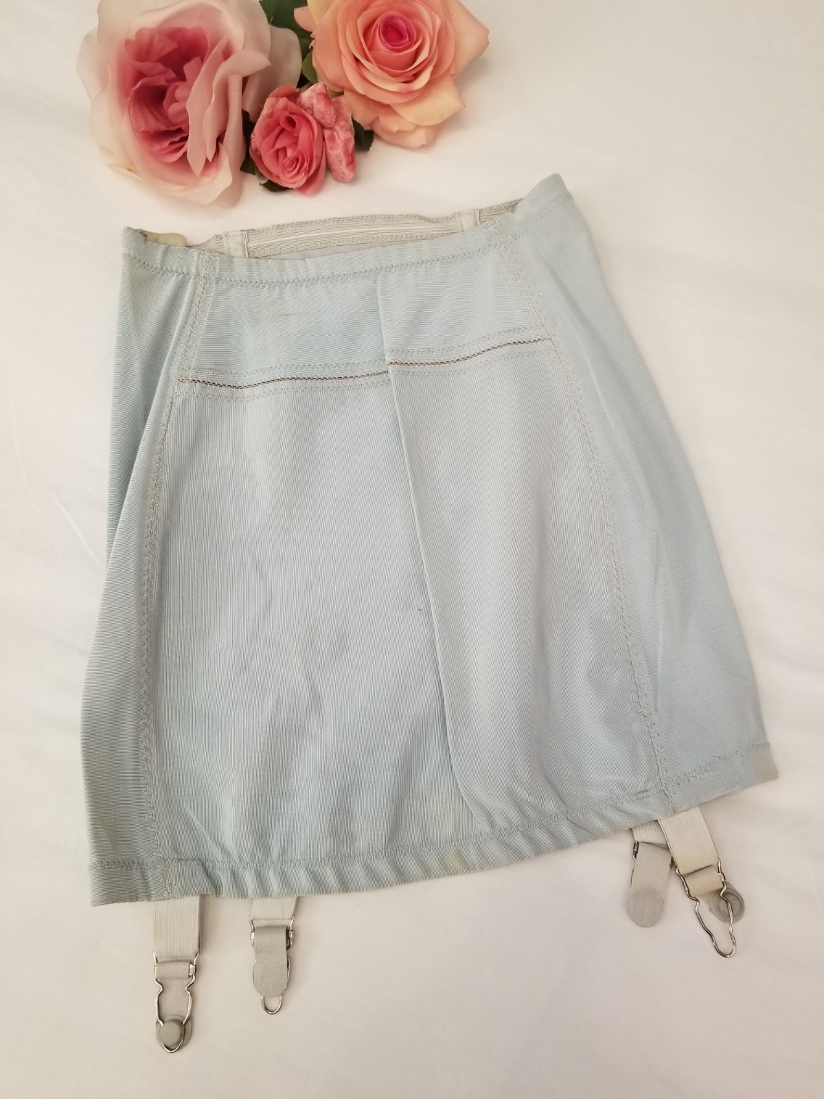 Rare Vintage 1930s Evelina Powder Blue Satin Corset Girdle Open Bottom w/Garters