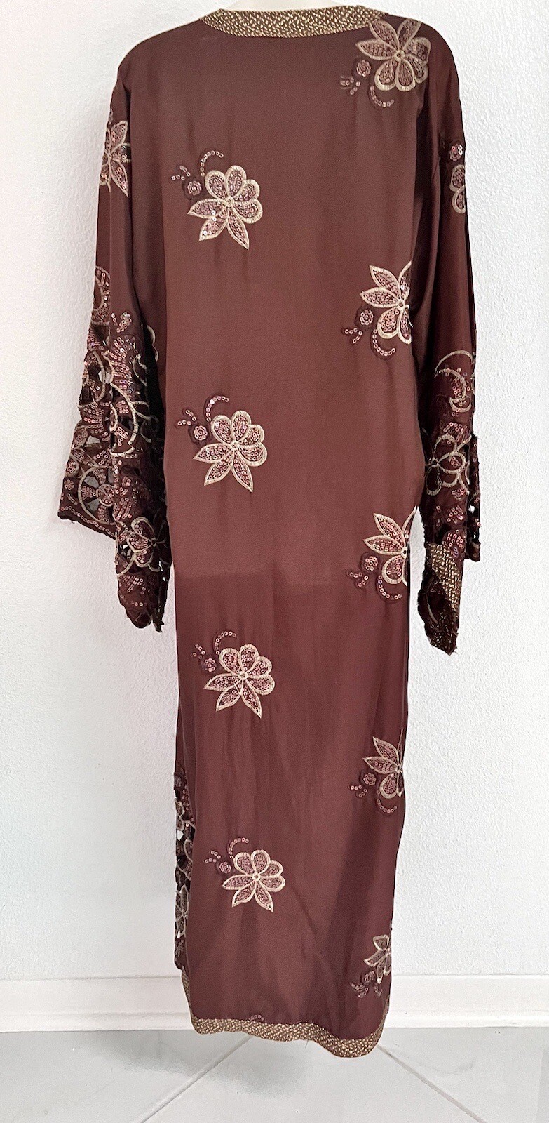 VINTAGE*MOROCCAN LONG BRONZE /SEQUIN djellaba*CAFTAN GOWN DRESS~M/L