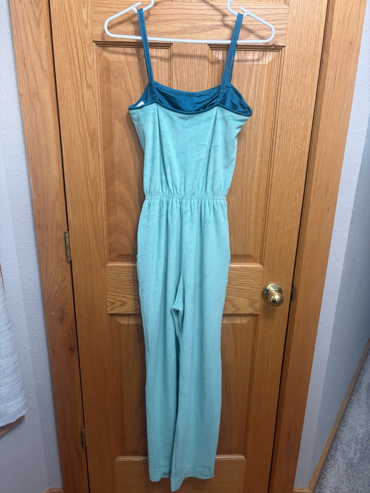 VTG 1970s De Weese Design Mint Aqua Terry Velour 2pc Jumpsuit Jacket Set Small