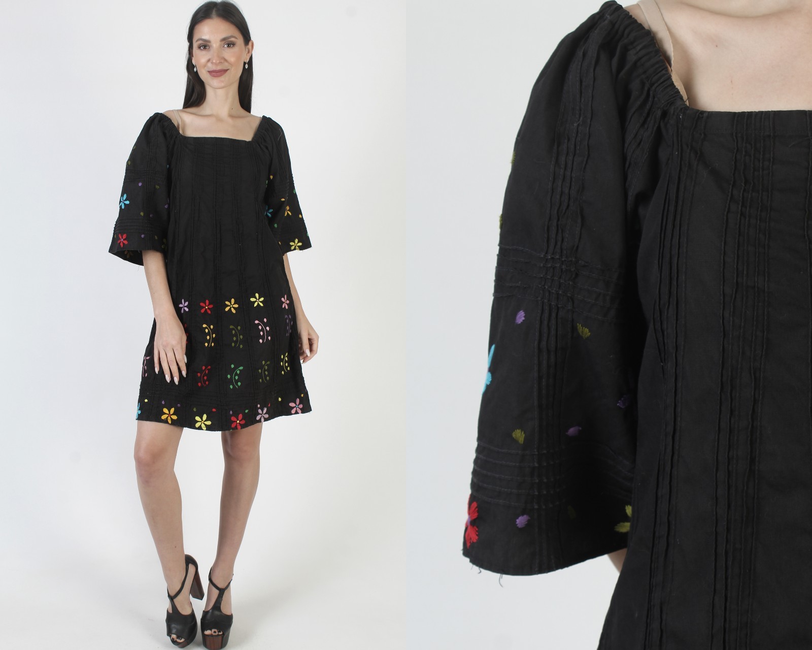 Vtg Black Mexican Pintuck Dress Embroidered Floral Guatemalan Bell Slv Kaftan