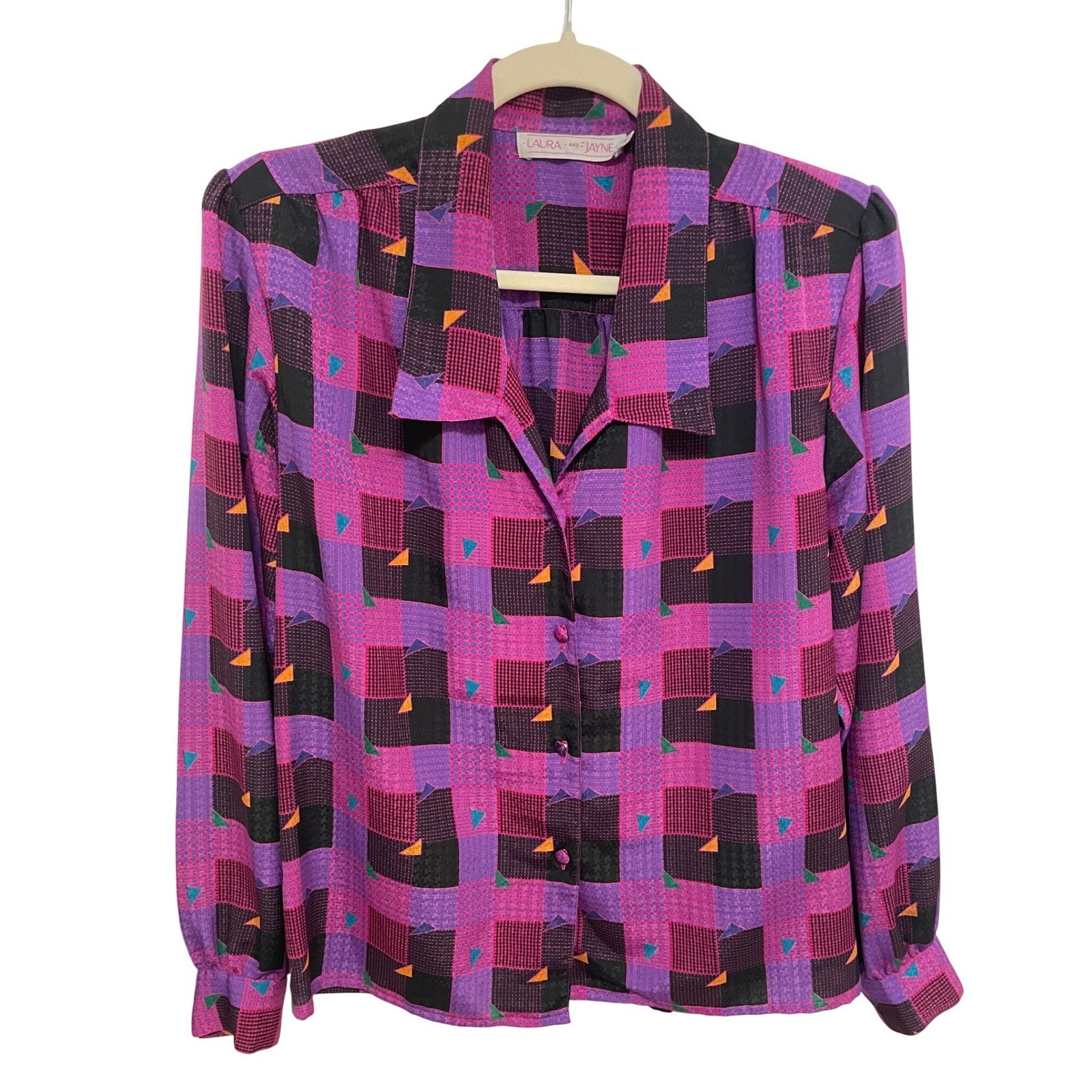 Vintage 80s Blouse Geometric Grid Print Purple Magenta Size 6