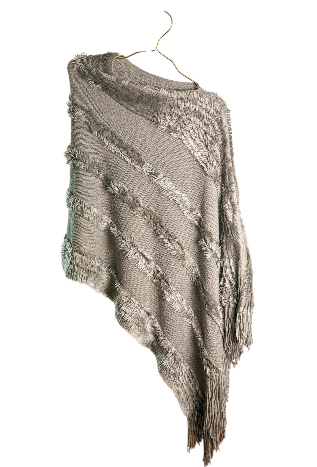 Vintage Taupe Fringed Knit Poncho with Faux Fur Texture Striping, one size