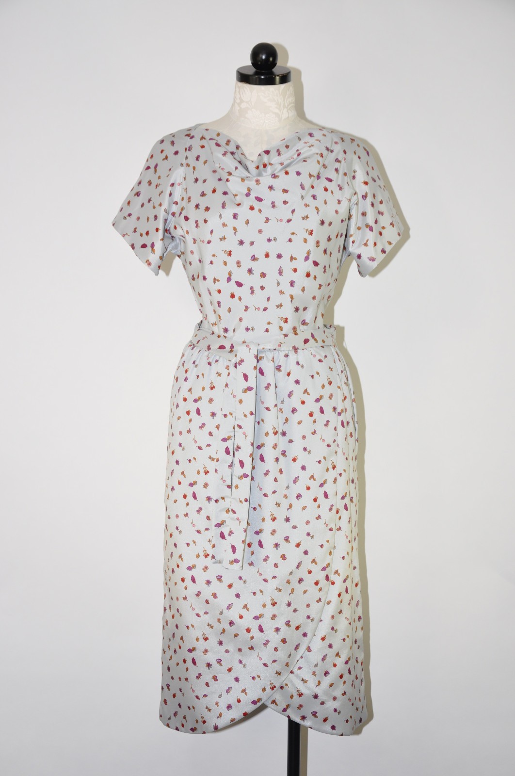 60s Vintage Silver Autumn Leaf Print Faux Wrap Cocktail Pencil Dress Women S M