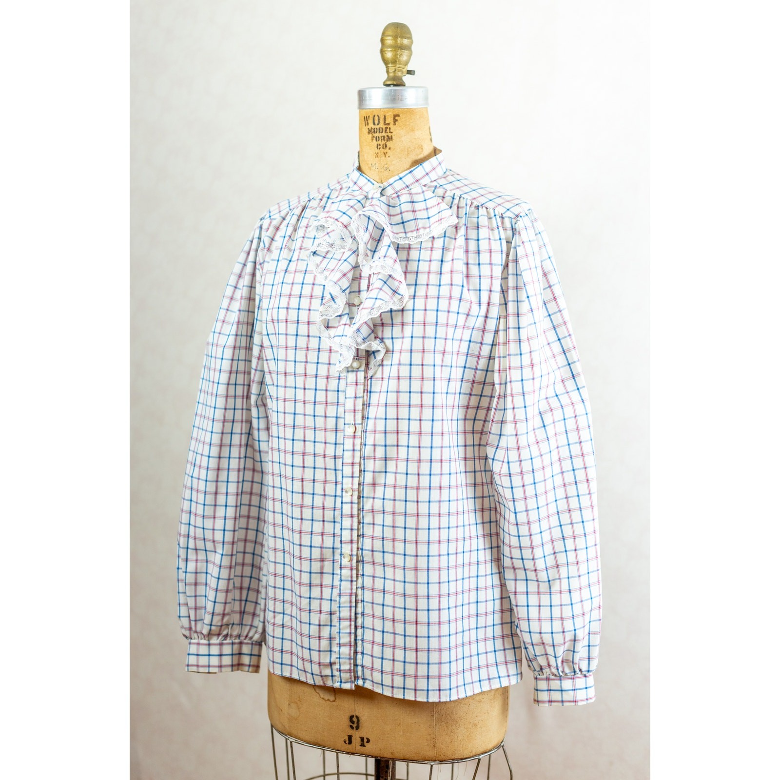 Vintage 80s Cottage Plaid Ruffled Blouse, Red White Blue, Prairie Gingham, M