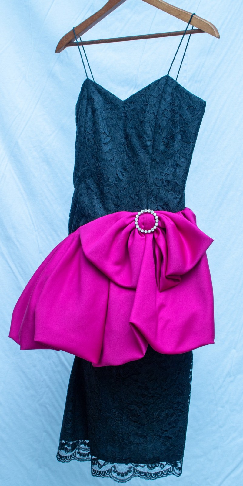 1980s Vintage Dress Black Lace Pink Peplum Cocktail Party Statement Boutique 8