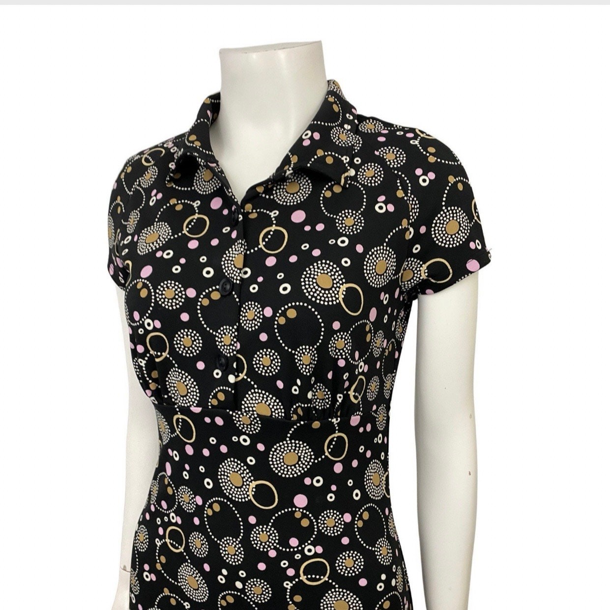 Vintage 90s Y2K Mod Dot Dress Collared Empire Waist Indie Retro Small ^