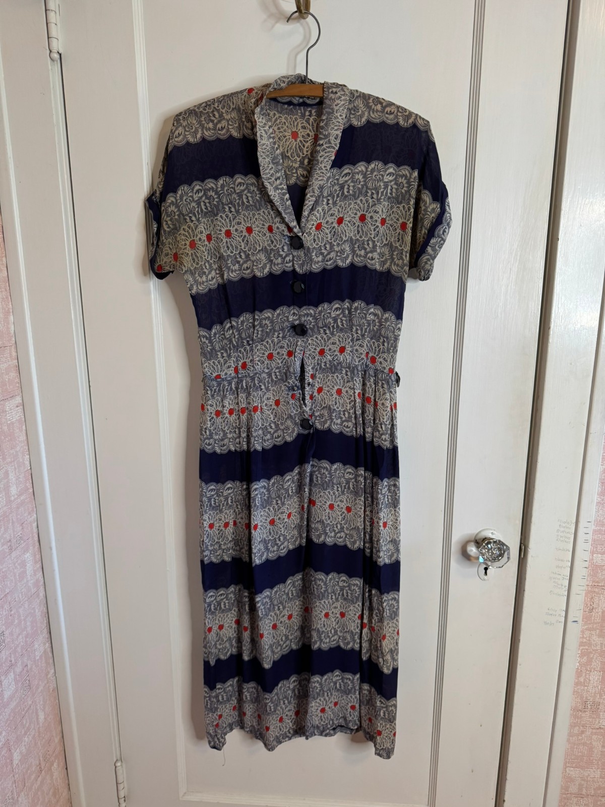 Vtg 1940&rsquo;s Blue Faux Lace Strip Print Silk Button Front Lightweight Dress sz XS