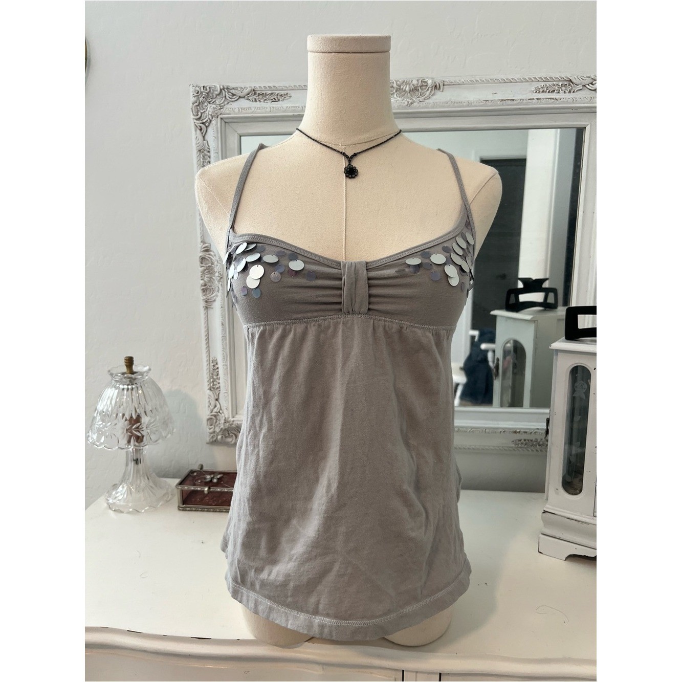 vintage abercrombie & fitch babydoll tank top w/ silver sequin embellishments