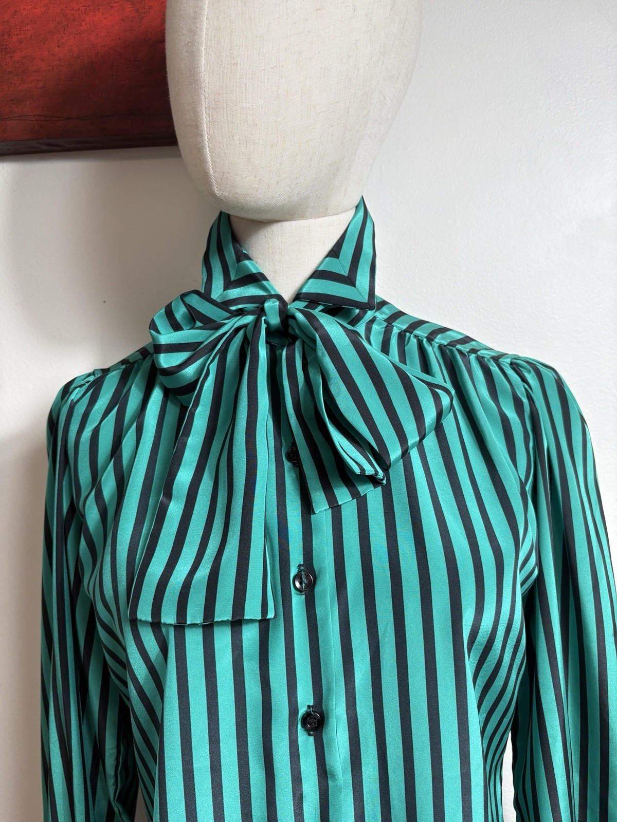 Vintage Pussy Bow Scarf Blouse Button Up Women&rsquo;s 8 Striped Green Made In USA