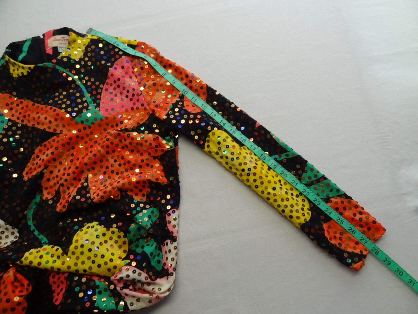 Anne Fogarty 16 Sequin Floral Long Sleeve Mod Dress ILGWU Union USA 60s 70s Boho